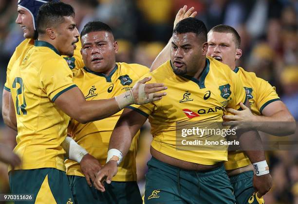 Taniela Tupou of the Wallabies celebrates winning a penalty with team mates during the International Test match between the Australian Wallabies and...