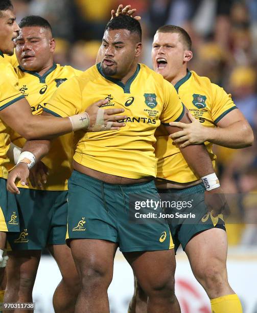 Taniela Tupou of the Wallabies celebrates winning a penalty with team mates during the International Test match between the Australian Wallabies and...