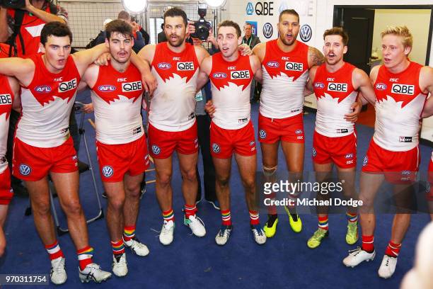 Swans sing the club song after winning during the round 12 AFL match between the St Kilda Saints and the Sydney Swans at Etihad Stadium on June 9,...