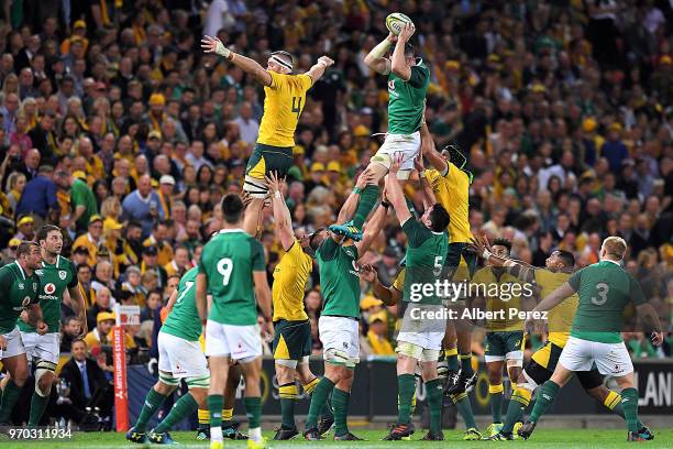 Iain Henderson of Ireland wins the lineout during the International Test match between the Australian Wallabies and Ireland at Suncorp Stadium on...