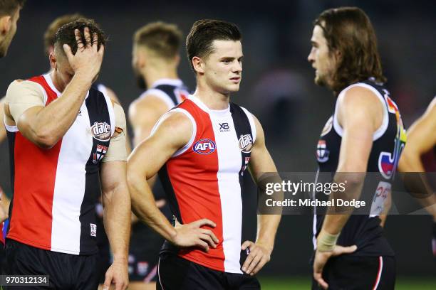 Jack Sinclair of the Saints looks dejected after defeat during the round 12 AFL match between the St Kilda Saints and the Sydney Swans at Etihad...