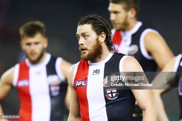 Jack Steven of the Saints looks dejected after defeat during the round 12 AFL match between the St Kilda Saints and the Sydney Swans at Etihad...