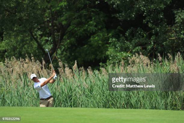 Nicolas Colsaerts of Belgium plays his second shot on the 4th hole during day three of the 2018 Shot Clock Masters at Diamond Country Club on June 9,...