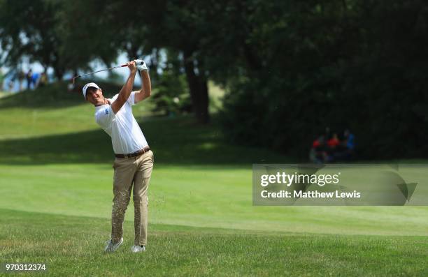 Nicolas Colsaerts of Belgium plays his second shot on the 3rd hole during day three of the 2018 Shot Clock Masters at Diamond Country Club on June 9,...