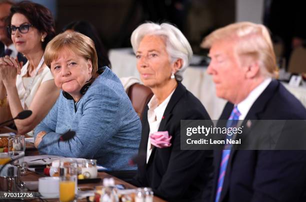 German Chancellor Angela Merkel looks towards US President Donald Trump, who arrived late for the Gender Equality Advisory Council working breakfast...