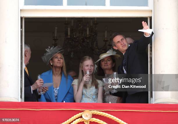 Secretary of State for Defence, Gavin Williamson watches the flypast from a window of Buckingham Palace during Trooping The Colour on June 9, 2018 in...