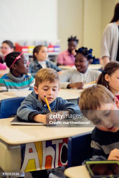 de kinderen van de basisschool zitten en luisteren in de klas. - martine doucet or martinedoucet stockfoto's en -beelden
