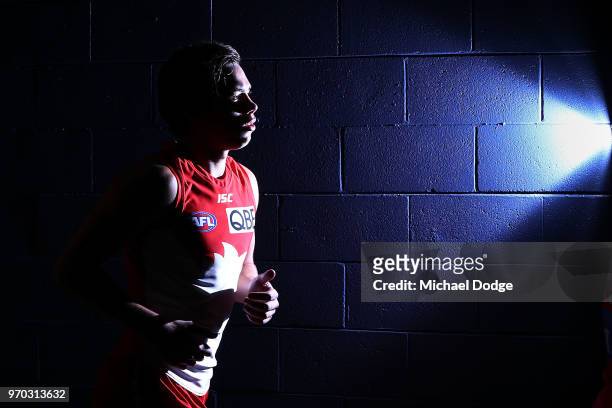 Oliver Florent of the Swans walks out during the round 12 AFL match between the St Kilda Saints and the Sydney Swans at Etihad Stadium on June 9,...