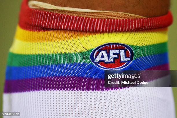 The Gay Pride Game socks worn by Tom Hickey of the Saints are seen during the round 12 AFL match between the St Kilda Saints and the Sydney Swans at...