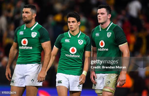 Brisbane , Australia - 9 June 2018; Ireland players, from left, Rob Kearney, Joey Carbery and James Ryan after the 2018 Mitsubishi Estate Ireland...