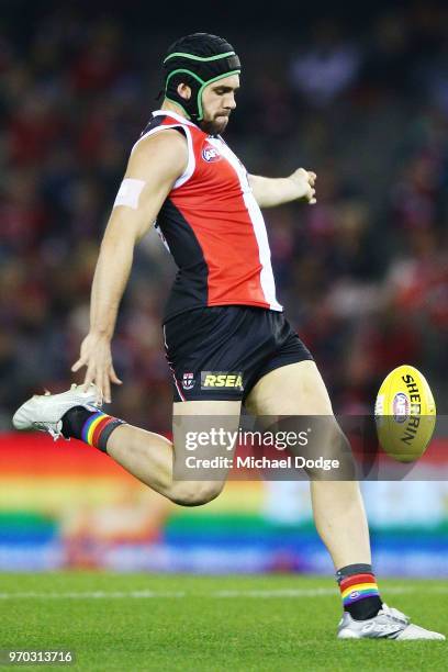 Paddy McCartin of the Saints kicks the ball during the round 12 AFL match between the St Kilda Saints and the Sydney Swans at Etihad Stadium on June...