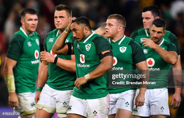 Brisbane , Australia - 9 June 2018; Ireland players, from left, Peter O'Mahony, CJ Stander, Bundee Aki, Sean Cronin, James Ryan and Rob Kearney after...