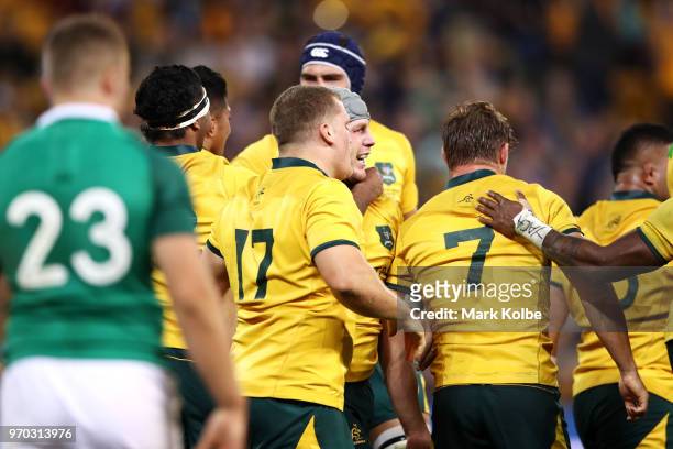 David Pocock of the Wallabies celebrates with his team mates after scoring a try during the International Test match between the Australian Wallabies...