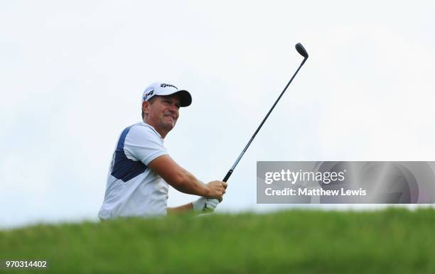 Steve Webster of England tees off on the 8th hole during day three of the 2018 Shot Clock Masters at Diamond Country Club on June 9, 2018 in...