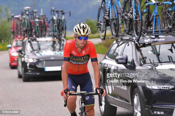 Vincenzo Nibali of Italy and Bahrain Merida Pro Team dropped from peloton / Car / during the 70th Criterium du Dauphine 2018, Stage 6 a 110km stage...