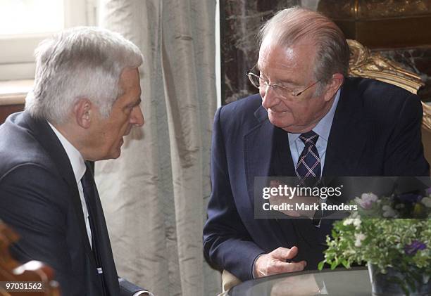 President of the European Parliament Jerzy Buzek and King Albert of Belgium talk during a reception for the European Authorities at the Royal Palace...