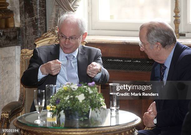 European President Herman Van Rompuy and King Albert of Belgium talk during a reception for the European Authorities at the Royal Palace on February...