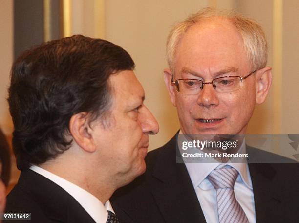 President of the European Commission Jose Manuel Barroso and European President Herman Van Rompuy talk during a reception for the European...