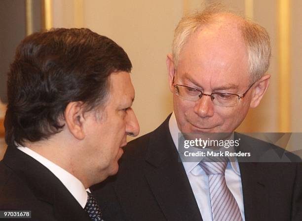 President of the European Commission Jose Manuel Barroso and European President Herman Van Rompuy talk during a reception for the European...
