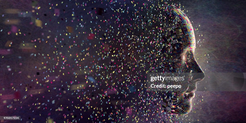 Quadrati multicolori nella riunione a mezz'aria per formare la testa