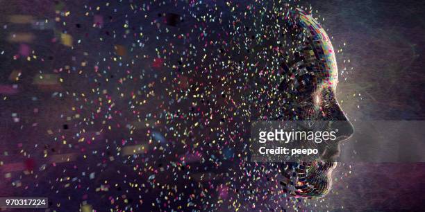 multi coloured squares in mid air gathering to form head - smart stock pictures, royalty-free photos & images