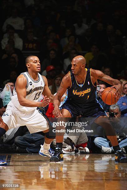 Chauncey Billups of the Denver Nuggets posts up against Randy Foye of the Washington Wizards during the game on February 19, 2010 at the Verizon...