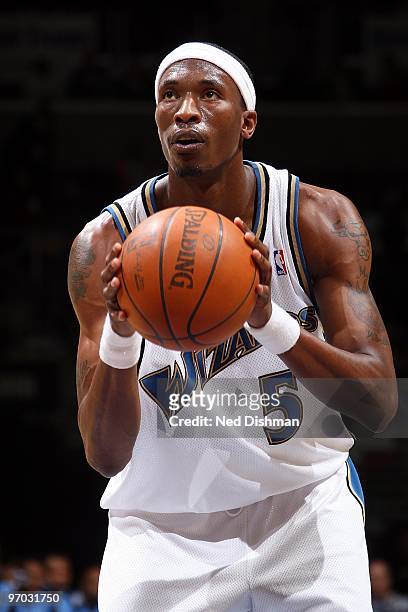 Josh Howard of the Washington Wizards shoots a free throw against the Denver Nuggets during the game on February 19, 2010 at the Verizon Center in...