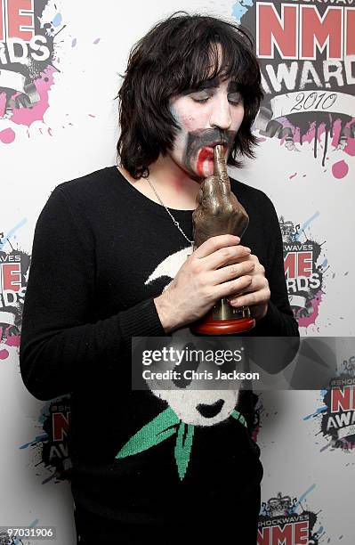 Noel Fielding holds the Mighty Boosh's Best DVD Award in the Awards Room at the Shockwaves NME Awards 2010 at Brixton Academy on February 24, 2010 in...