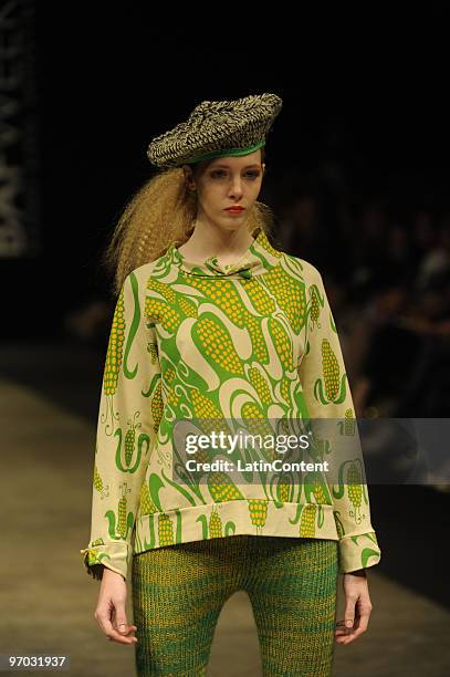 Model displays a design by Juana de Arco during the first day of Buenos Aires Fashion Week on February 24, 2010 in Buenos Aires, Argentina.