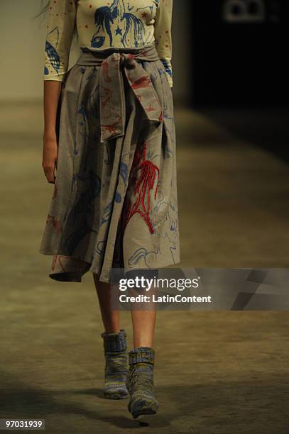 Model displays a design by Juana de Arco during the first day of Buenos Aires Fashion Week on February 24, 2010 in Buenos Aires, Argentina.