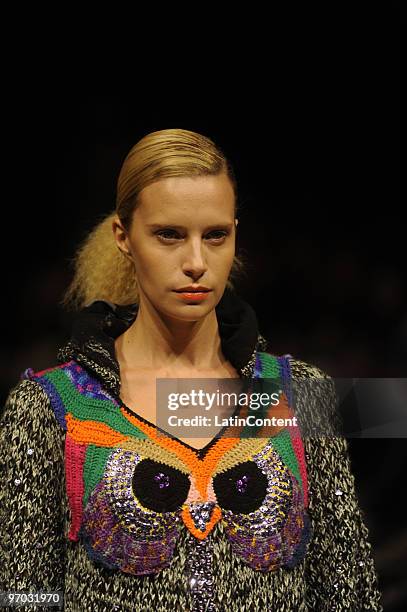 Model displays a design by Juana de Arco during the first day of Buenos Aires Fashion Week on February 24, 2010 in Buenos Aires, Argentina.