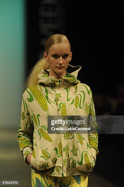 Model displays a design by Juana de Arco during the first day of Buenos Aires Fashion Week on February 24, 2010 in Buenos Aires, Argentina.