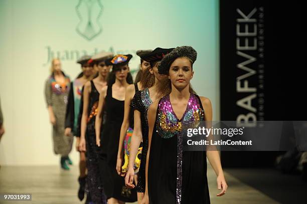 Models display design by Juana de Arco during the first day of Buenos Aires Fashion Week on February 24, 2010 in Buenos Aires, Argentina.