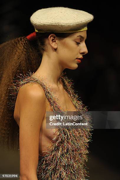 Model displays a design by Juana de Arco during the first day of Buenos Aires Fashion Week on February 24, 2010 in Buenos Aires, Argentina.