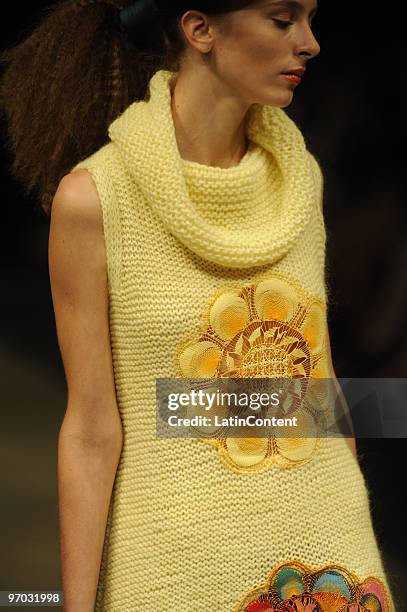 Model displays a design by Juana de Arco during the first day of Buenos Aires Fashion Week on February 24, 2010 in Buenos Aires, Argentina.