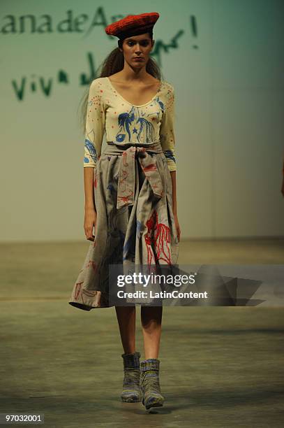 Model displays a design by Juana de Arco during the first day of Buenos Aires Fashion Week on February 24, 2010 in Buenos Aires, Argentina.