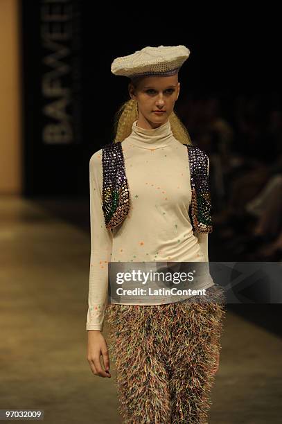 Model displays a design by Juana de Arco during the first day of Buenos Aires Fashion Week on February 24, 2010 in Buenos Aires, Argentina.