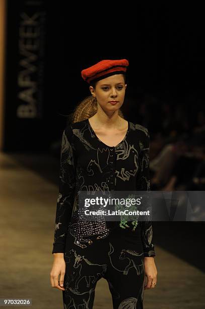 Model displays a design by Juana de Arco during the first day of Buenos Aires Fashion Week on February 24, 2010 in Buenos Aires, Argentina.