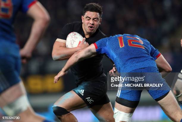 New Zealand Anton Lienert-Brown is tackled during the first rugby Test match between New Zealand and France at Eden Park in Auckland on June 9, 2018.