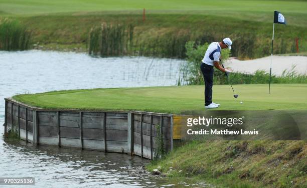 Steve Webster of England putts on the 7th green during day three of the 2018 Shot Clock Masters at Diamond Country Club on June 9, 2018 in...