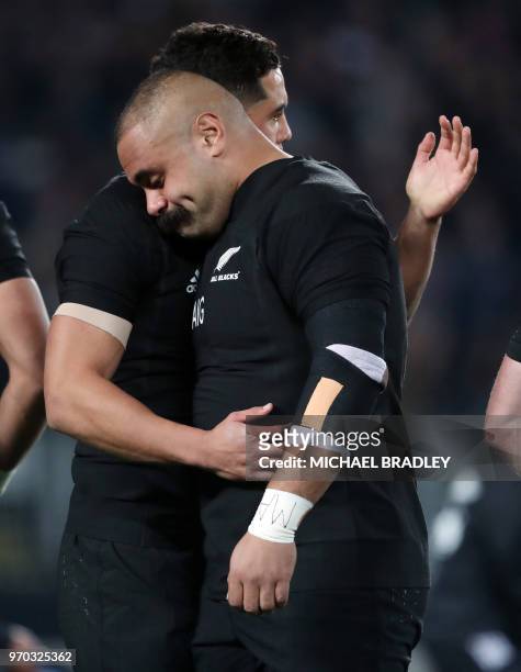 New Zealand Karl Tuinukuafe is hugged by Anton Lienert-Brown prior to the first rugby Test match between New Zealand and France at Eden Park in...