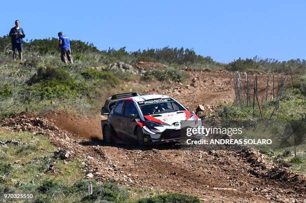 Finnish driver Esapekka Lappi and co-driver Janne Ferm, steer their Toyota Yaris WRC, during the third day of the 2018 FIA World Rally Championship,...