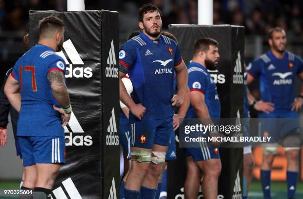 France Paul Gabrillagues and teammates stand under the posts during the first rugby Test match between New Zealand and France at Eden Park in...