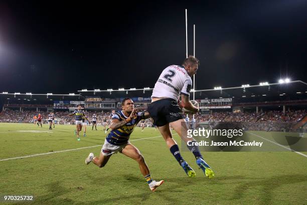 Kyle Feldt of the Cowboys catches the ball during the round 14 NRL match between the Parramatta Eels and the North Queensland Cowboys at TIO Stadium...
