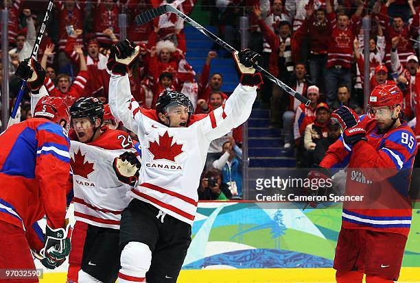 Brenden Morrow of Canada celebrates after his team first period goal during the ice hockey men's quarter final game between Russia and Canada on day...
