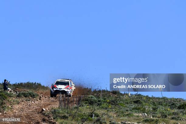 Finnish driver Jari-Matti Latvala and Finnish co-driver Miikka Anttila drive their Toyota Yaris WR, during the third day of the 2018 FIA World Rally...