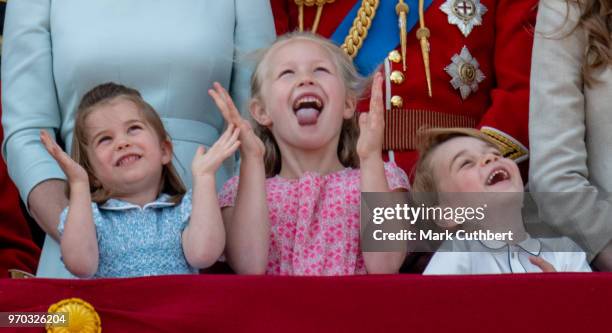 Princess Charlotte of Cambridge, Savannah Phillips and Prince George of Cambridge during Trooping The Colour 2018 on June 9, 2018 in London, England.