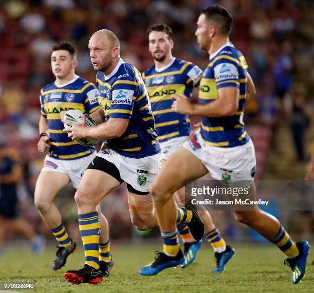 David Gower of the Eels runs with the ball during the round 14 NRL match between the Parramatta Eels and the North Queensland Cowboys at TIO Stadium...