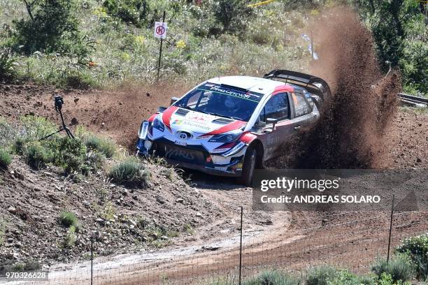 Finnish driver Esapekka Lappi and co-driver Janne Ferm, steer their Toyota Yaris WRC, during the third day of the 2018 FIA World Rally Championship,...