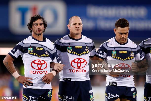 Johnathan Thurston, Matt Scott and Enari Tuala of the Cowboys look on during the round 14 NRL match between the Parramatta Eels and the North...